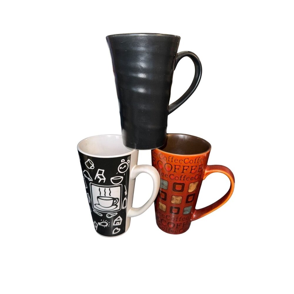 Set Of 3 Ceramic Coffee Mugs With Unique Designs & Handles